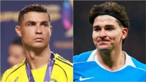 Cristiano Ronaldo in a yellow jersey with a medal, alongside a player in a blue kit, both showing serious expressions.