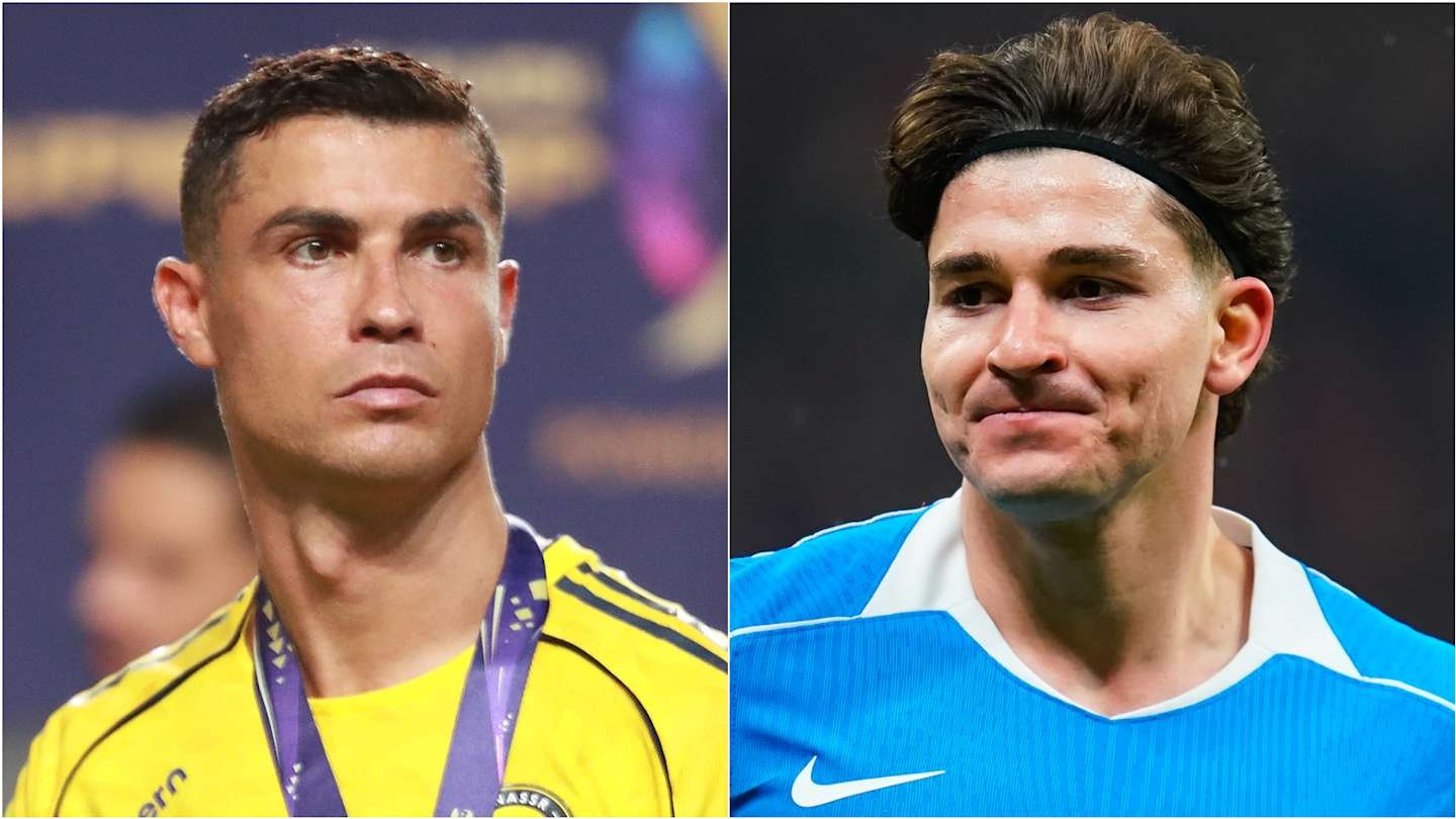 Cristiano Ronaldo in a yellow jersey with a medal, alongside a player in a blue kit, both showing serious expressions.