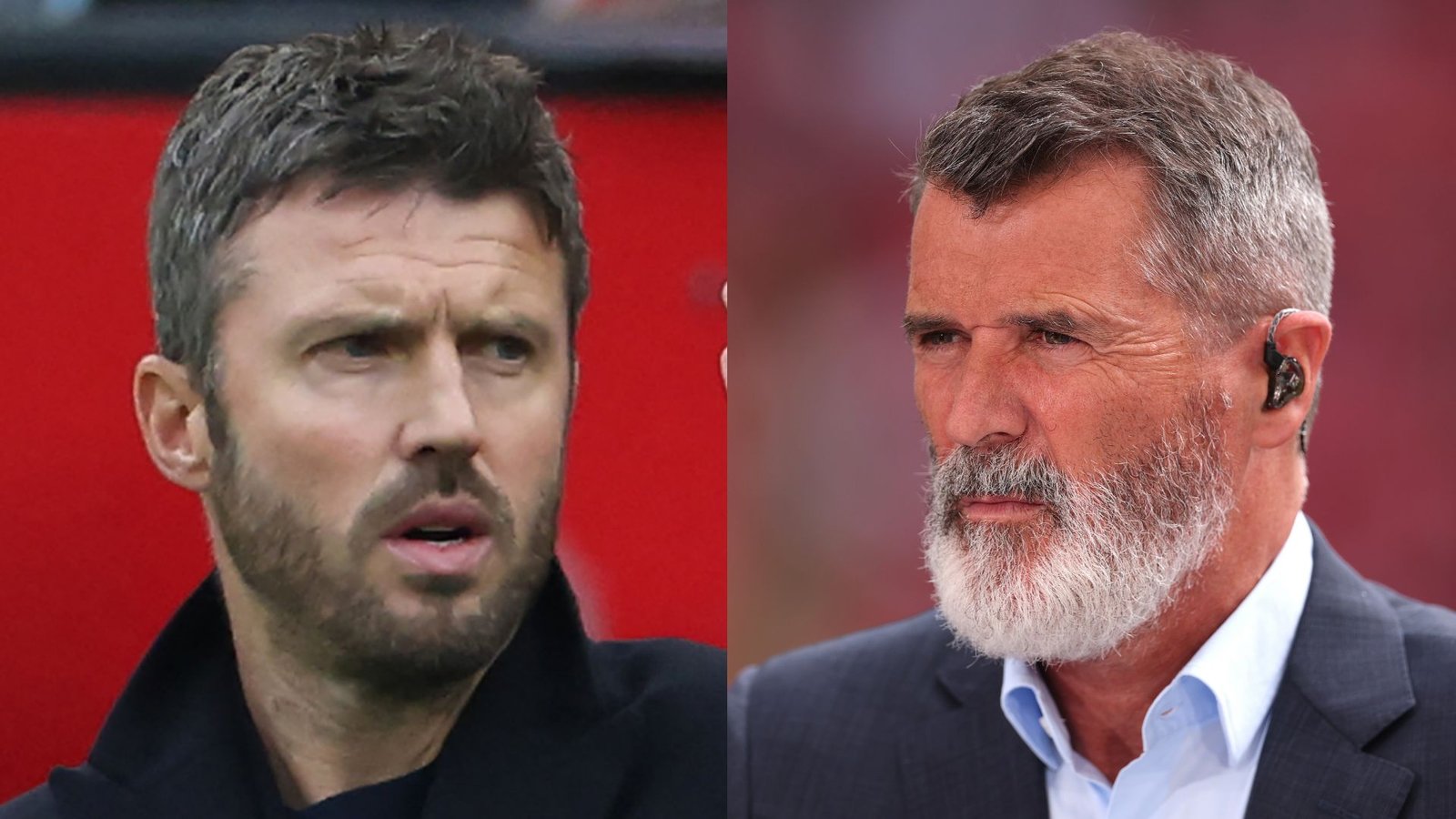 Michael Carrick en Roy Keane zij aan zij, beiden met een onderscheidende stijl; Carrick in een donker jasje en Keane met een grijze baard, beiden met bedachtzame uitdrukkingen.