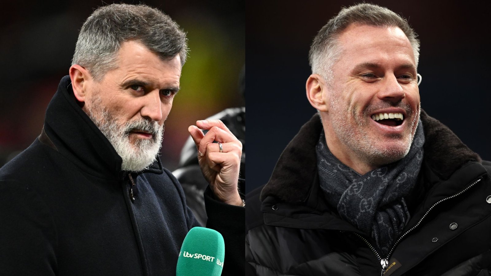 Roy Keane ziet er serieus uit aan de linkerkant, gebarend tijdens het spreken, naast Jamie Carragher die glimlacht aan de rechterkant, beiden in winterjassen.