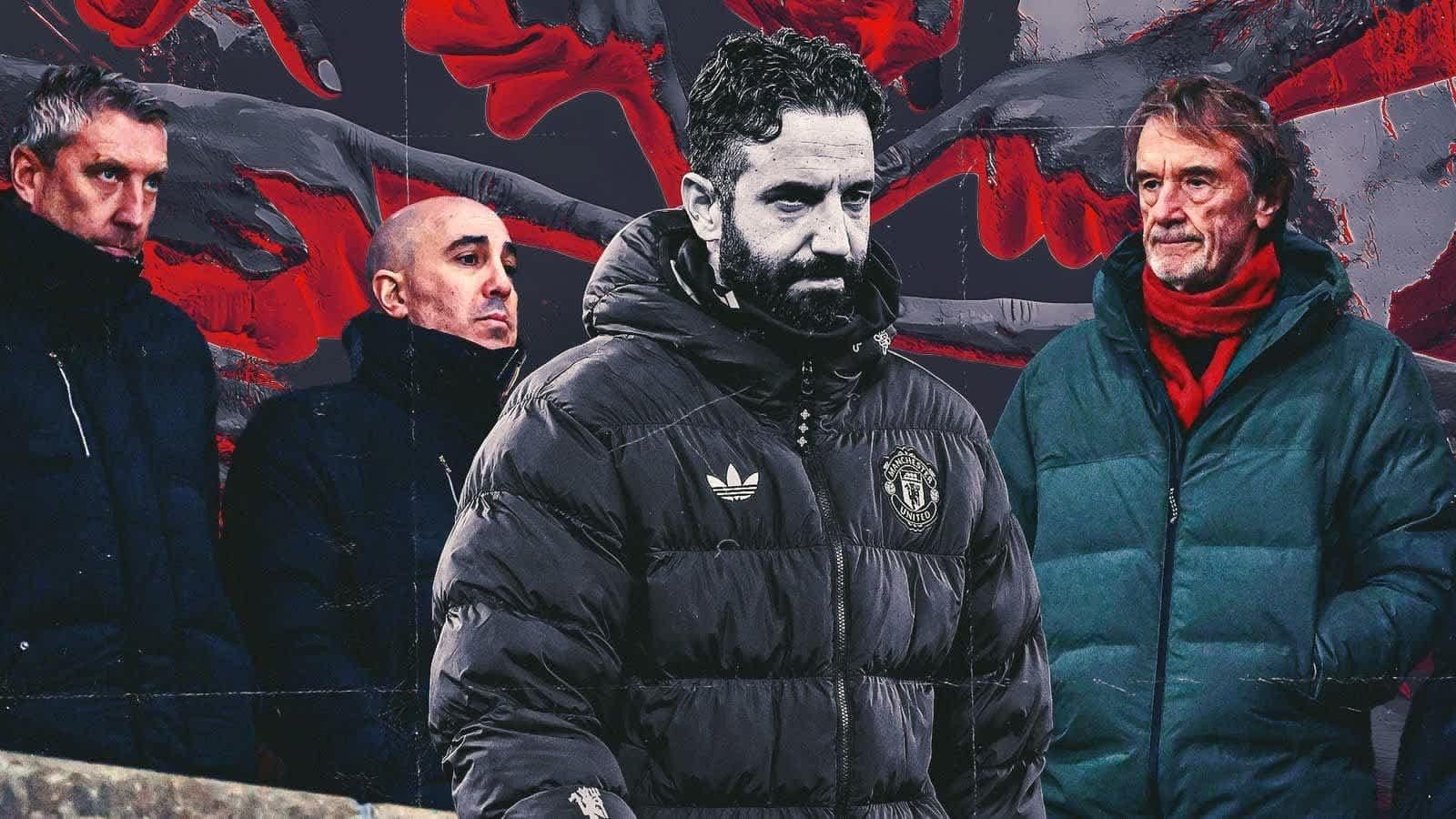 Rúben Amorim, en veste de Manchester United, se tient solennellement avec le personnel contre un arrière-plan dramatique, suggérant des turbulences managériales.