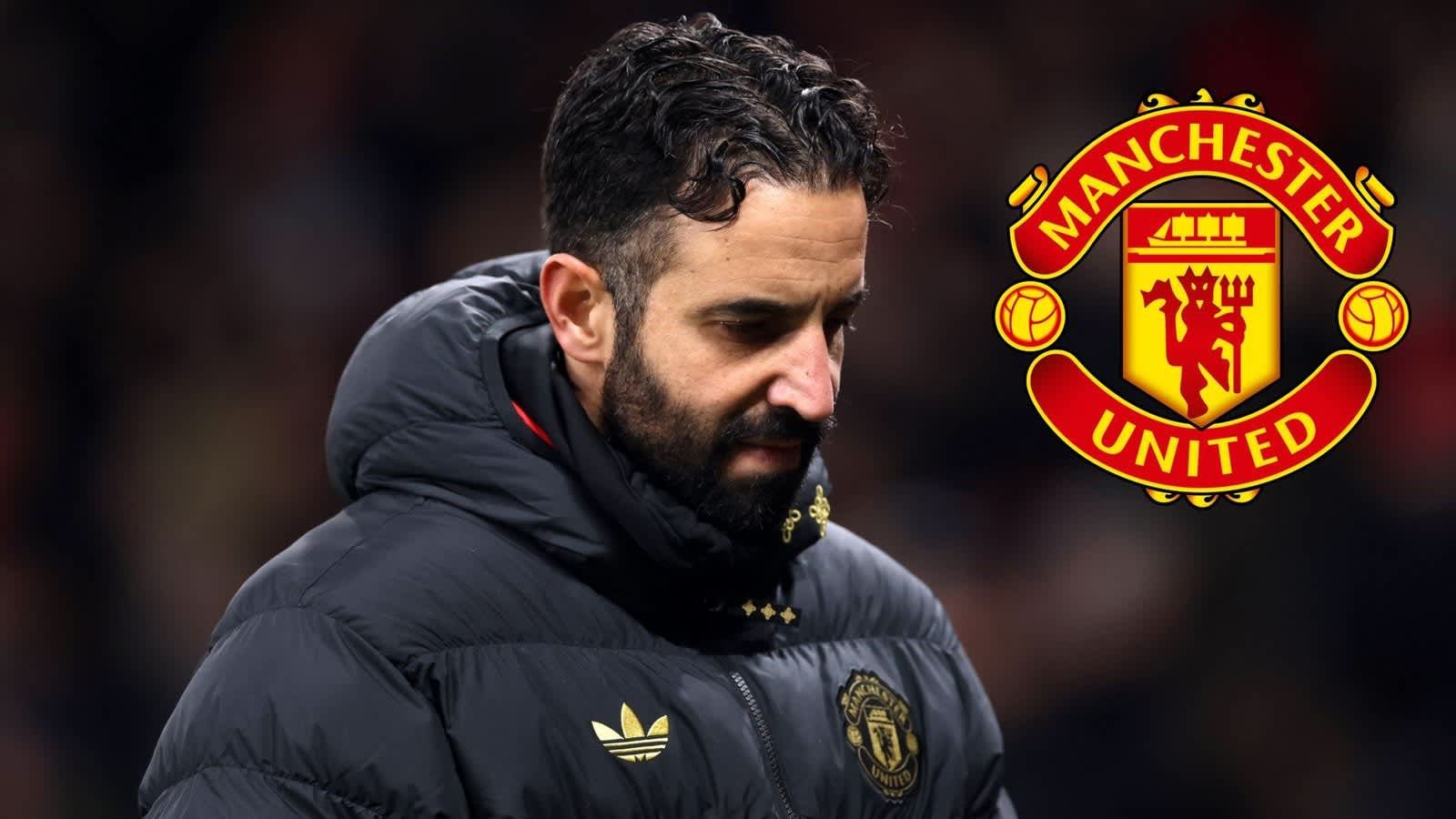 Ruben Amorim toont een peinzende uitdrukking in het jasje van Manchester United, met het clublogo duidelijk zichtbaar naast hem.