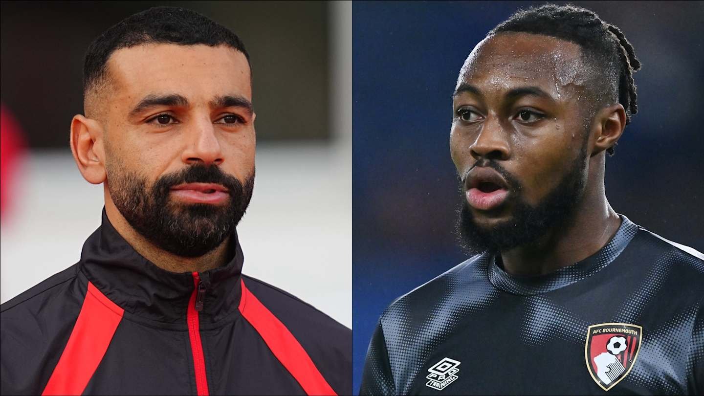 Mohamed Salah en veste d'entraînement, aux côtés d'Antoine Semenyo en tenue d'AFC Bournemouth, affichant tous deux des expressions intenses.