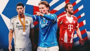 Scott McTominay in een Real Madrid-tenue met een zilveren medaille, geflankeerd door een speler van Napoli in het blauw en Harry Kane in een Bayern-shirt, allen tegen een dynamische achtergrond.