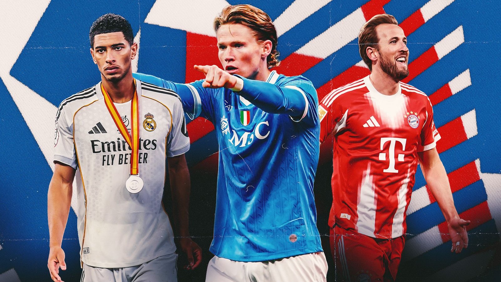 Scott McTominay in een Real Madrid-tenue met een zilveren medaille, geflankeerd door een speler van Napoli in het blauw en Harry Kane in een Bayern-shirt, allen tegen een dynamische achtergrond.