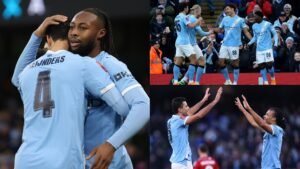Manchester City-spelers vieren verschillende doelpunten tijdens een wedstrijd, waarbij ze vreugde en teamwork tonen in hun luchtblauwe outfits.