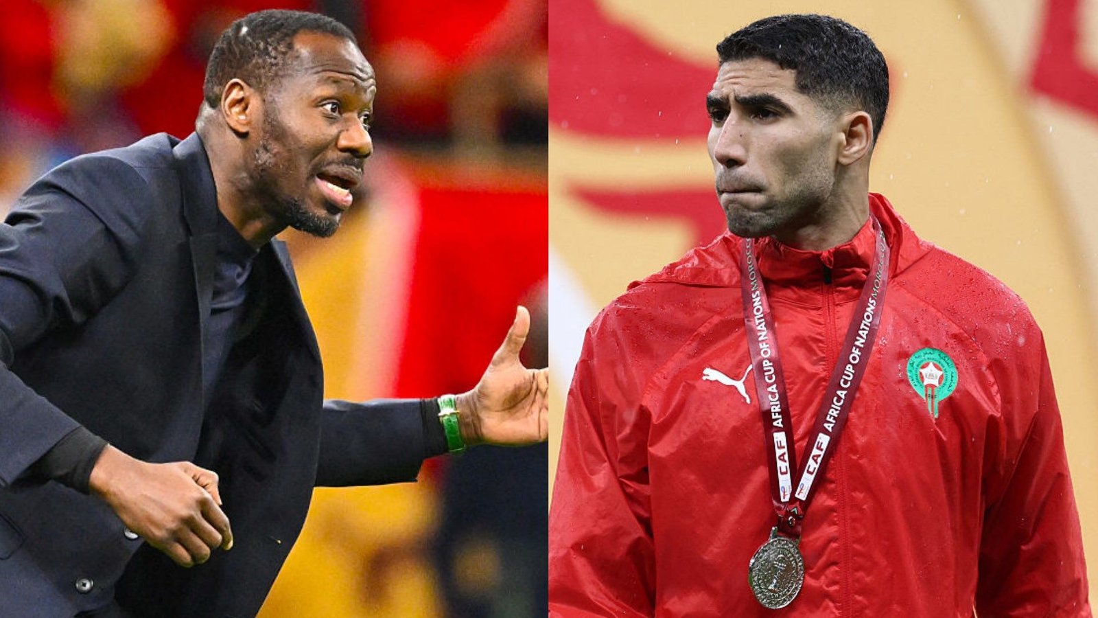 Senegal's coach shows frustration alongside Morocco's Achraf Hakimi, who wears a silver medal after the AFCON final.