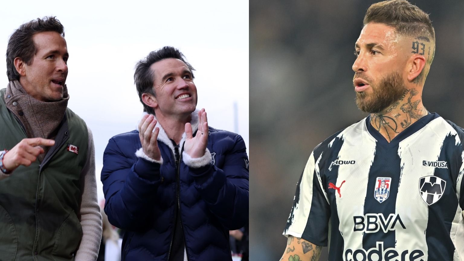 سيرخيو راموس بزي مونتيري إف سي على اليمين، بينما شخصان، يُحتمل أن يكونا مشجعين، يحتفلان على اليسار.