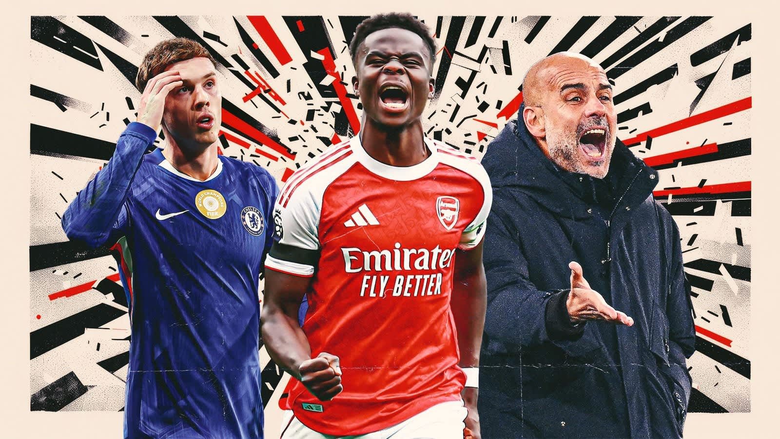 يبدو لاعب تشيلسي مرتدياً الأزرق محبطاً، بينما يحتفل بوكايو ساكا من أرسنال بحماس، ويومئ بيب غوارديولا بحماس في خلفية ديناميكية.