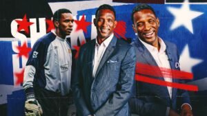 Shaka Hislop wordt afgebeeld in drie poses: als een West Ham-doelman, in een pak, en glimlachend. De achtergrond bevat patriottische kleuren en sterren.