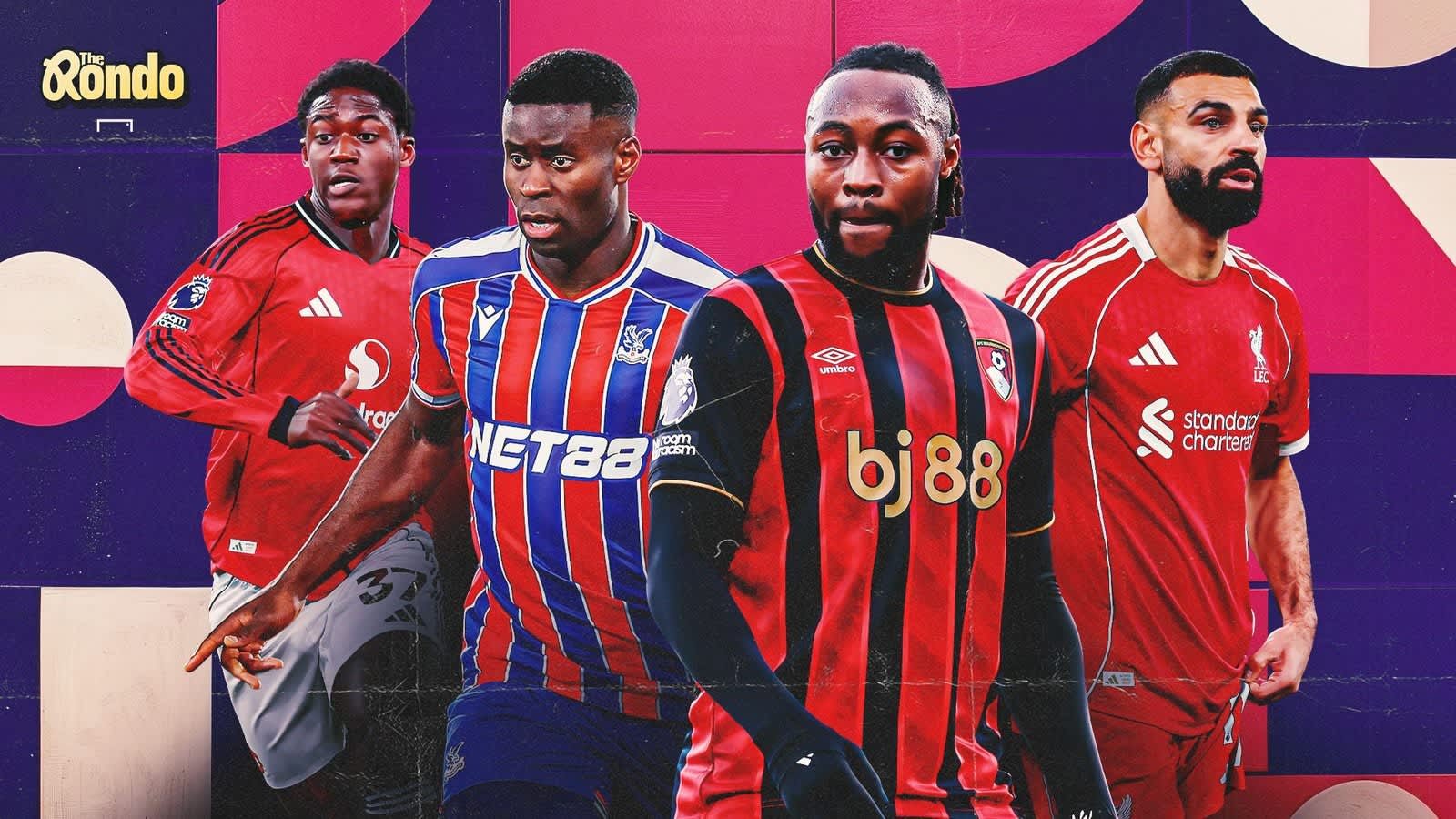 لاعبو دوري البريميرليغ بزيّ أنديتهم: مارك جوهي من كريستال بالاس، وأنطوان سيمينيو من بورنموث، ومحمد صلاح من ليفربول، أمام خلفية نابضة بالحياة.