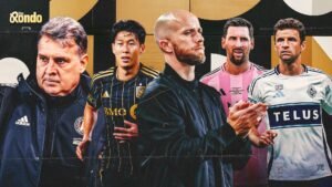 Collage met prominente voetbalfiguren: een coach, spelers van LAFC, Inter Miami en Vancouver Whitecaps, tegen een gedurfd gouden achtergrond.