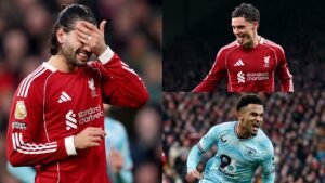 Les joueurs de Liverpool affichent des émotions mitigées pendant un match ; un joueur se couvre le visage de frustration, un autre célèbre, tandis qu'un joueur de Burnley exulte.