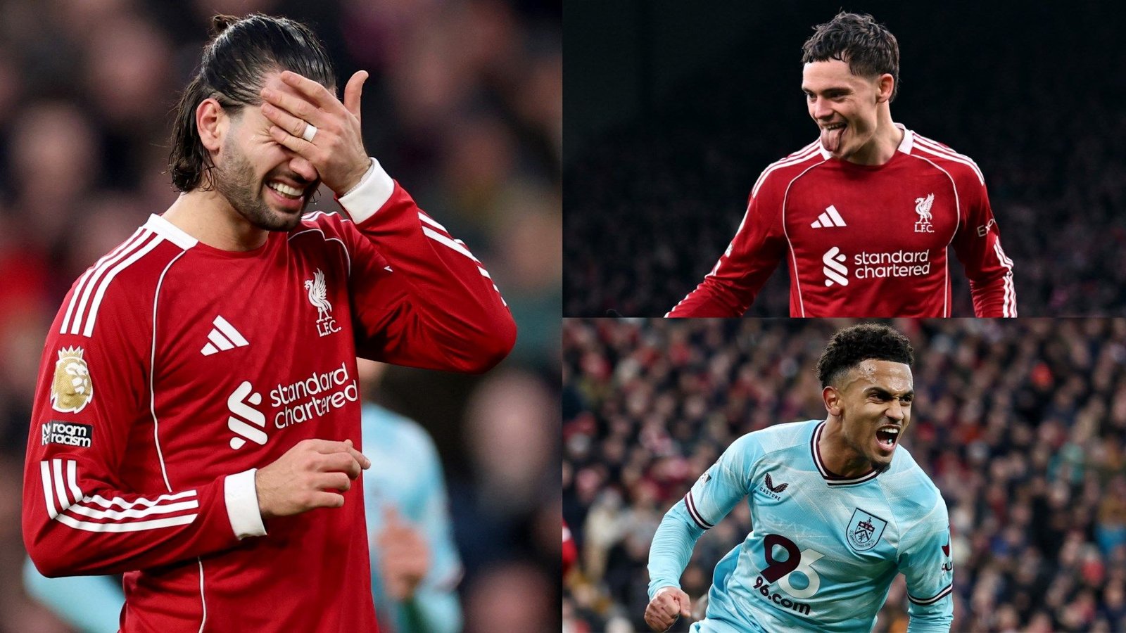 Les joueurs de Liverpool affichent des émotions mitigées pendant un match ; un joueur se couvre le visage de frustration, un autre célèbre, tandis qu'un joueur de Burnley exulte.