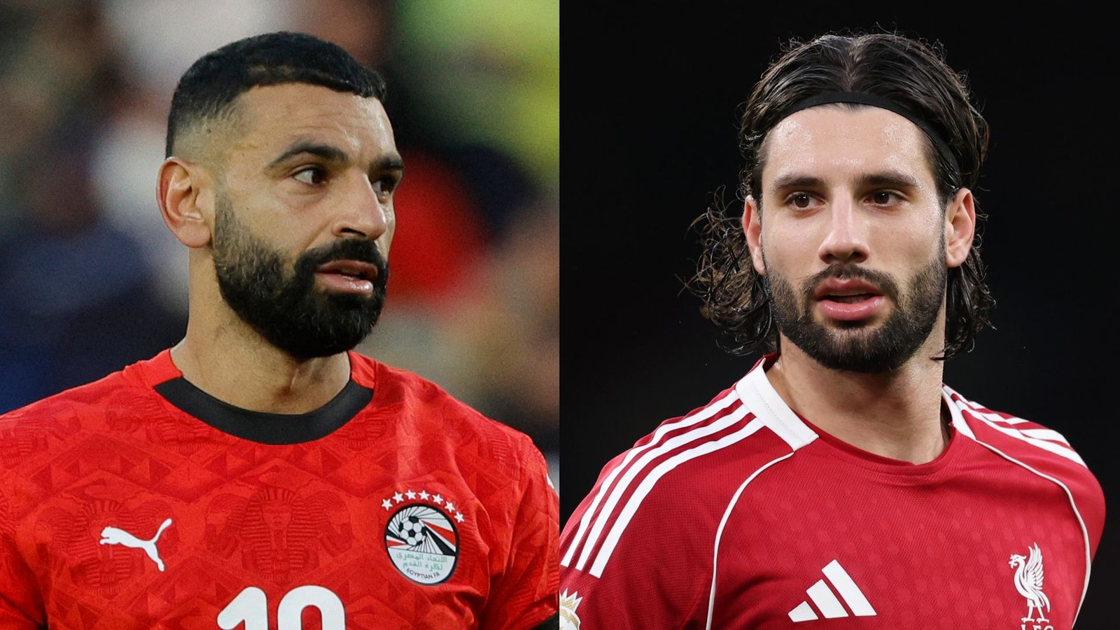 Mohamed Salah dans le maillot rouge de l'Égypte avec le numéro 10, aux côtés de Dominik Szoboszlai en tenue rouge de Liverpool, tous deux concentrés et engagés.