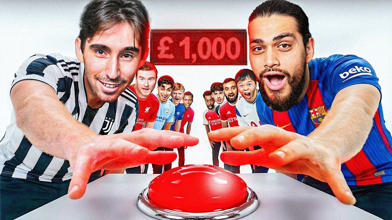 Fans van verschillende voetbalclubs strijden om een prijs van £1.000, reikend naar een rode buzzer, met opwinding duidelijk zichtbaar op hun gezichten.