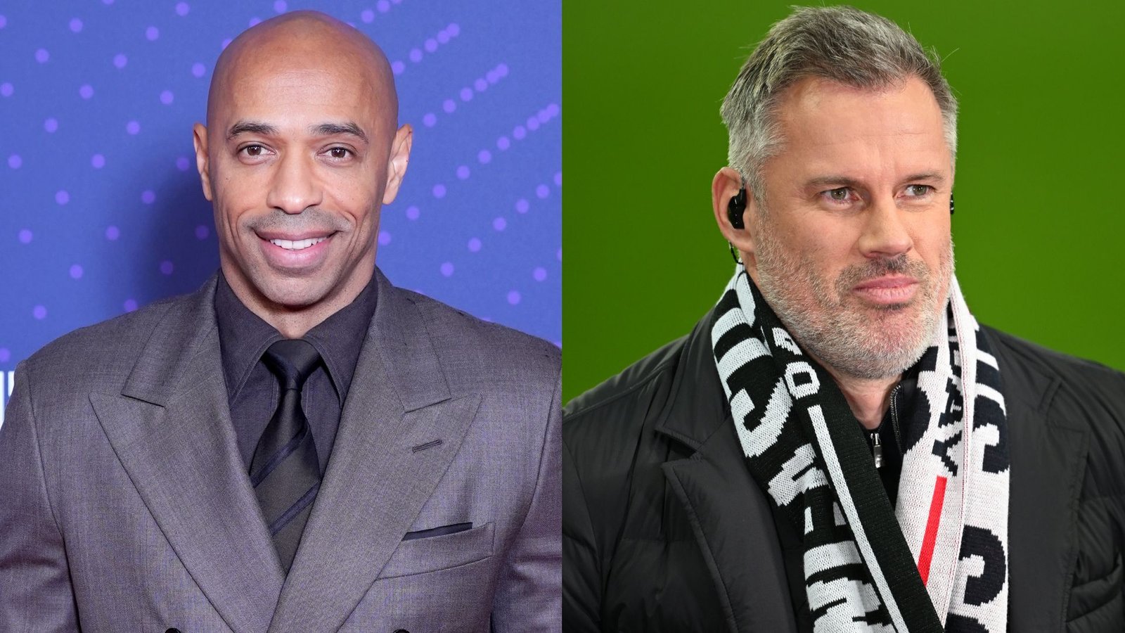 Thierry Henry glimlacht zelfverzekerd in een grijs pak, terwijl Jamie Carragher, in een zwarte jas en gestreepte sjaal, er serieus uitziet tegen een groene achtergrond.