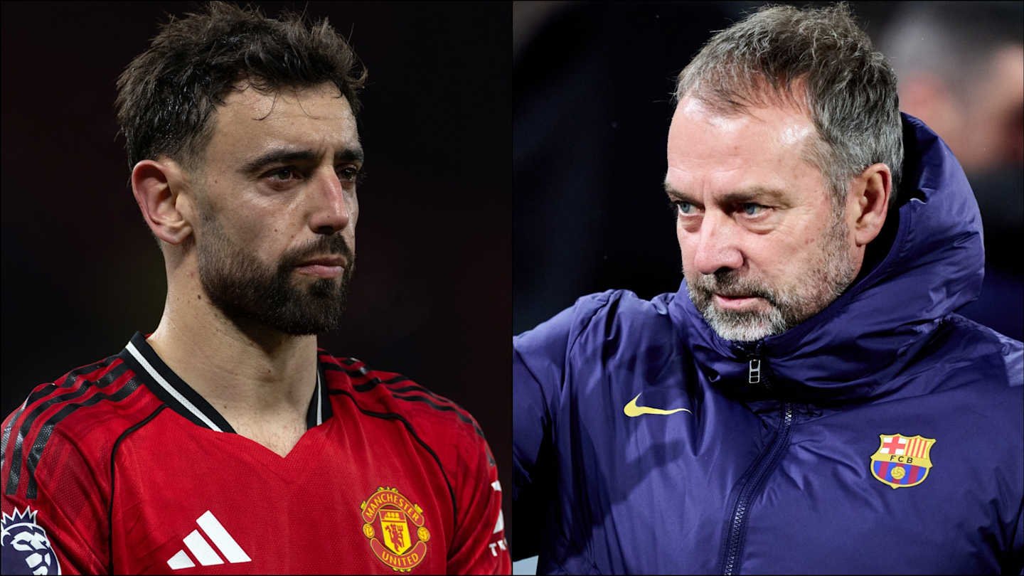Bruno Fernandes in Manchester United kit alongside a serious-looking coach from Barcelona, reflecting transfer speculation between clubs.