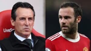 Unai Emery, veste noire, l'air sérieux sur le banc, à côté de Juan Mata en maillot rouge de Manchester United, l'expression concentrée.