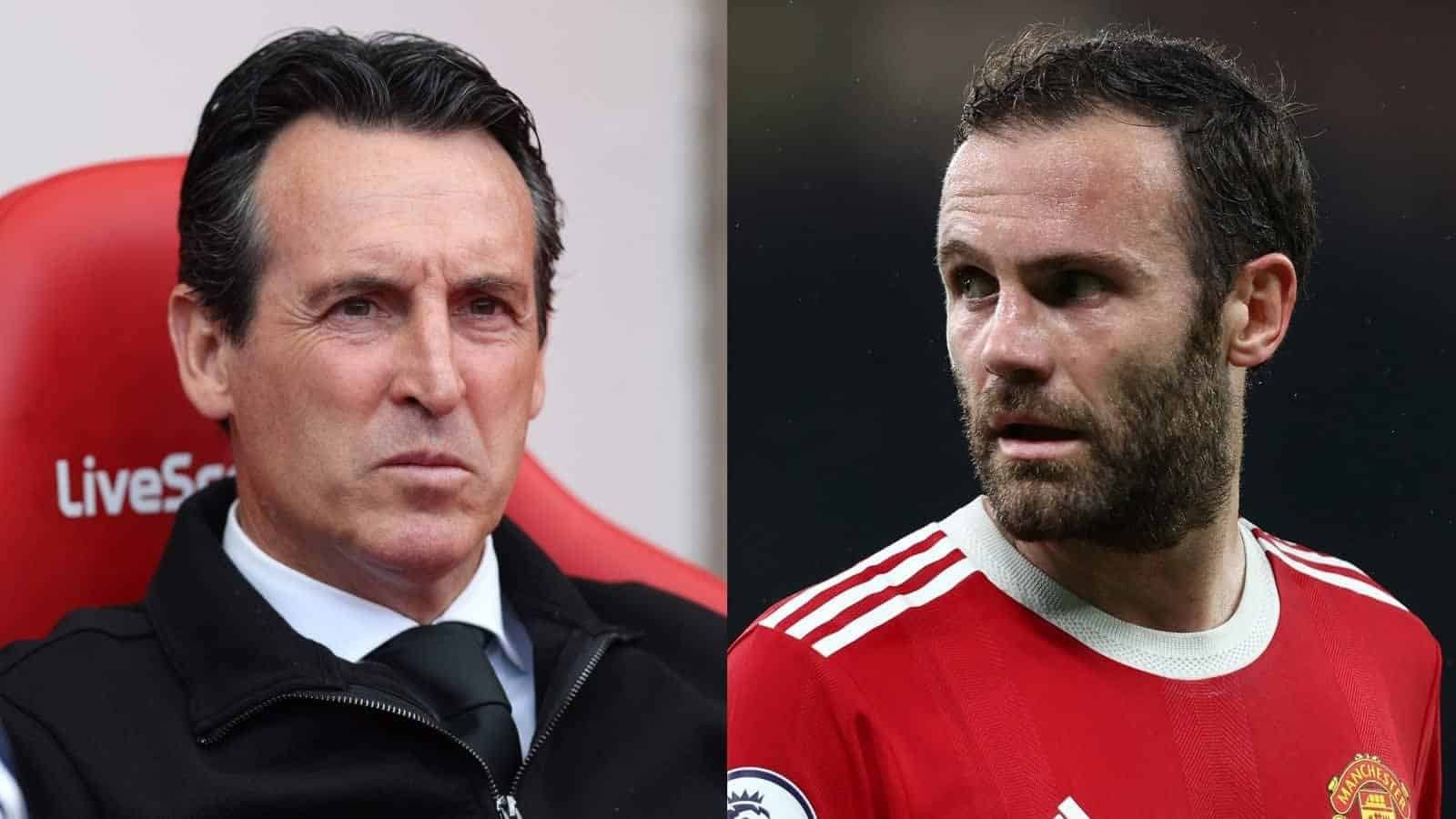 Unai Emery, veste noire, l'air sérieux sur le banc, à côté de Juan Mata en maillot rouge de Manchester United, l'expression concentrée.