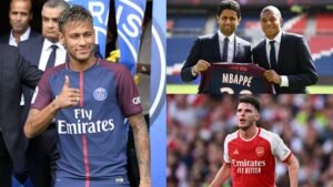 Neymar in een PSG-shirt geeft een duim omhoog; Kylian Mbappé en de clubpresident houden een shirt vast; Arsenal-speler toont trots in rood tenue.