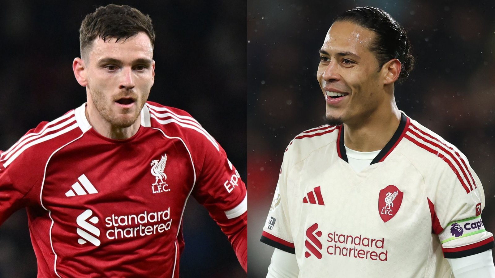 Liverpool's Andrew Robertson in een rood tenue, naast Virgil van Dijk in een wit tenue, terwijl beiden op het veld een doelpunt vieren.