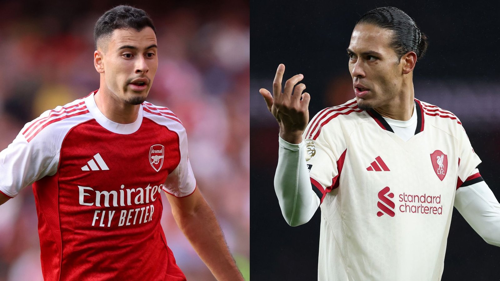 Gabriel Martinelli in het rode tenue van Arsenal staat tegenover Virgil van Dijk in het crèmekleurige shirt van Liverpool, beide in dynamische voetbalposes.