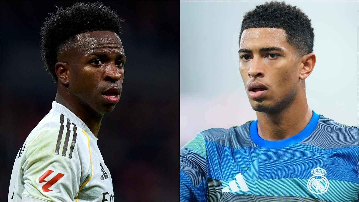 Vinícius Júnior et Jude Bellingham, tous deux en tenue du Real Madrid, affichent des expressions concentrées, mettant en lumière des joueurs clés au cœur des grandes discussions footballistiques.