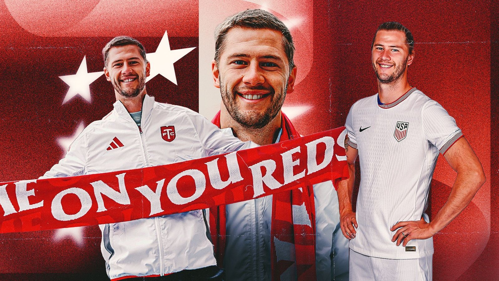 Walker Zimmerman glimlacht terwijl hij een rode "Come On You Reds"-sjaal vasthoudt, in een Toronto FC-jas, met een USMNT-tenue ernaast.