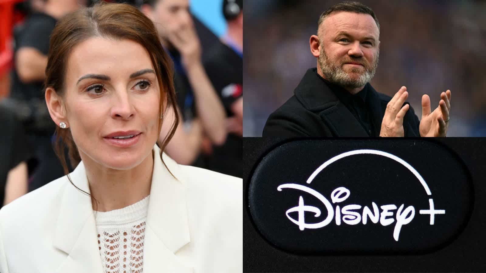 Wayne Rooney applaudit dans un stade, tandis que Coleen Rooney observe d'un air pensif. Un logo Disney+ est visiblement affiché au-dessous d'eux.