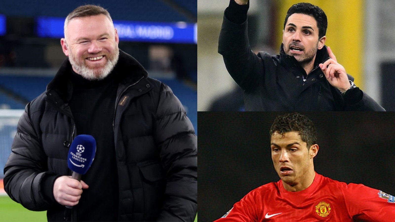 Wayne Rooney smiles while holding a microphone, Mikel Arteta gestures passionately, and a young Cristiano Ronaldo plays for Manchester United.