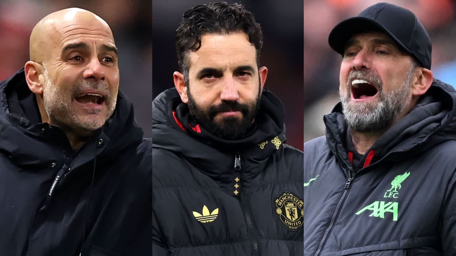 Pep Guardiola, Ruben Amorim en Jürgen Klopp uiten uiteenlopende emoties in deze gesplitste afbeelding, die hun respectievelijke teams vertegenwoordigen.