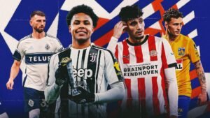 Weston McKennie in Juventus-tenue houdt een trofee vast, geflankeerd door spelers van Vancouver Whitecaps, PSV Eindhoven en KVC Westerlo, tegen een levendige achtergrond.