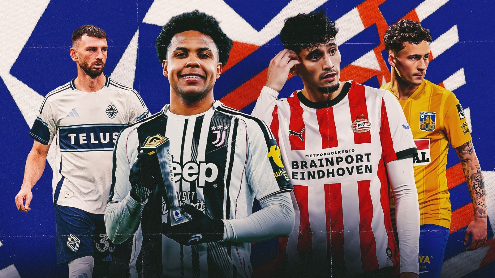 Weston McKennie in Juventus-tenue houdt een trofee vast, geflankeerd door spelers van Vancouver Whitecaps, PSV Eindhoven en KVC Westerlo, tegen een levendige achtergrond.