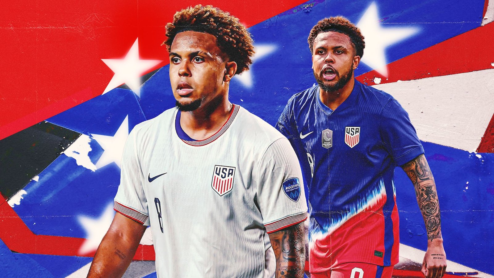 Weston McKennie in twee Amerikaanse tenues, één wit en één blauw, tegen een levendige rode en blauwe achtergrond met sterren, symbool voor zijn WK-reis.