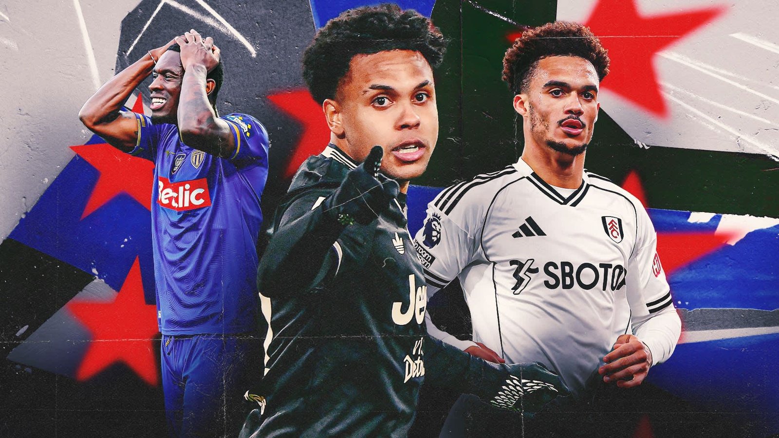 Weston McKennie gebaart zelfverzekerd in een Juventus-tenue, geflankeerd door een gefrustreerde speler in een Leeds United-shirt en een geconcentreerde Fulham-speler, allen tegen een levendige, kleurrijke achtergrond.