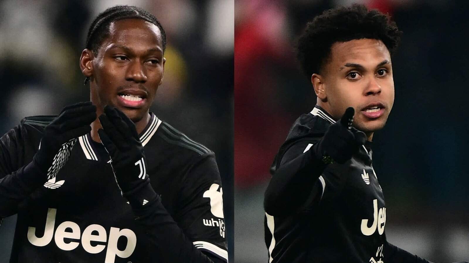 Weston McKennie et un coéquipier célèbrent pendant un match de la Juventus, tous deux vêtus de tenues noires arborant le logo 'Jeep', illustrant l'esprit d'équipe.