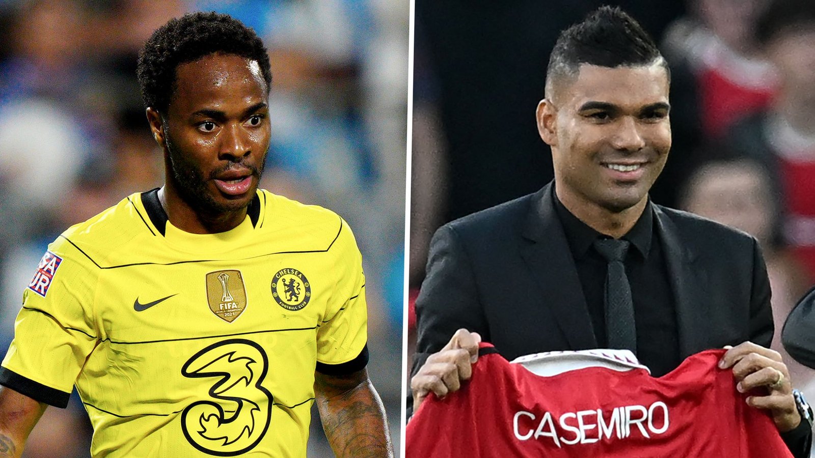 Raheem Sterling in een geel Chelsea-tenue links, en Casemiro die een Manchester United-shirt vasthoudt rechts, beide ter illustratie van opmerkelijke spelers.