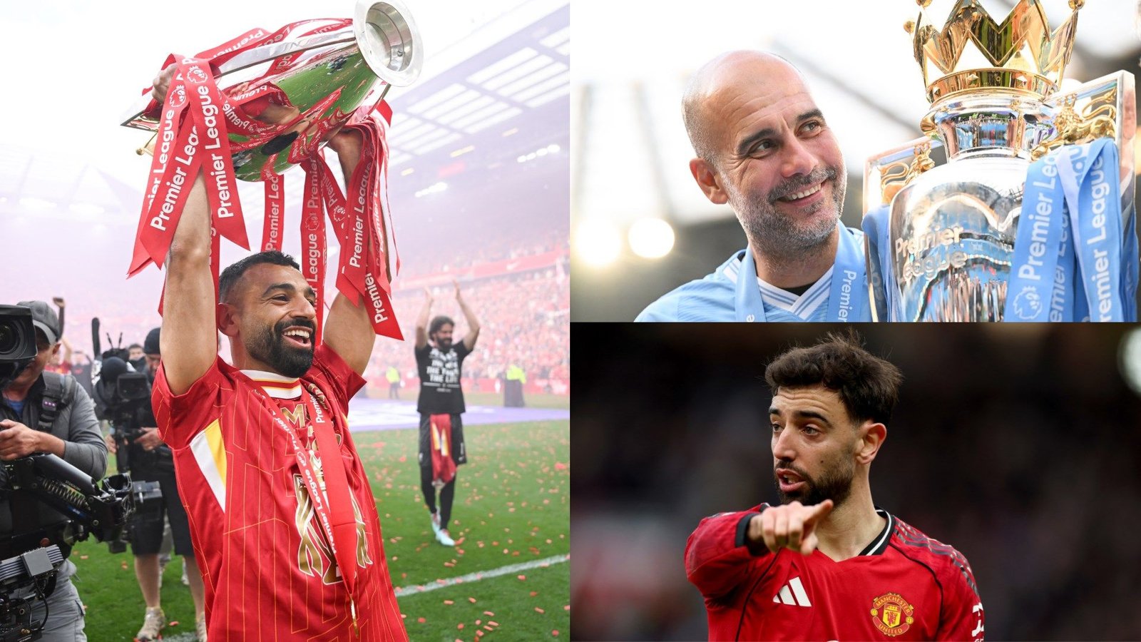 Mohamed Salah viert met de Premier League-trofee, naast Pep Guardiola die een andere trofee vasthoudt, en Bruno Fernandes die gebaren maakt.