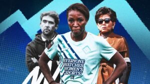 Sleutelfiguren in het vrouwenvoetbal: een vastberaden speelster in een turquoise shirt met de tekst "Iedereen Kijkt Naar Vrouwensport", geflankeerd door een coach en een streng uitziende vrouw.