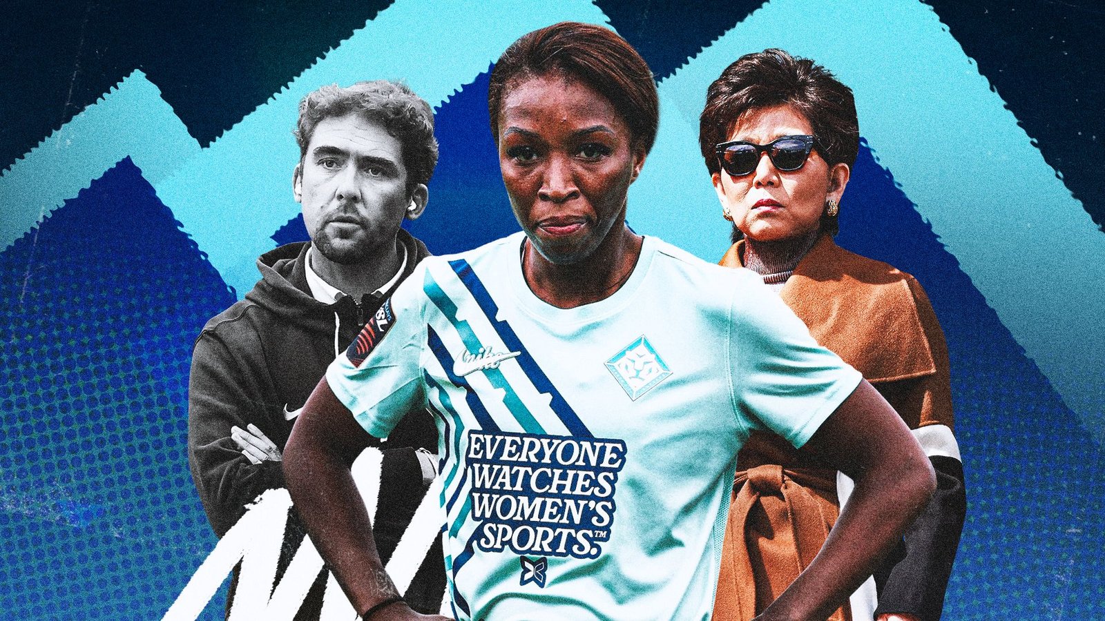 Sleutelfiguren in het vrouwenvoetbal: een vastberaden speelster in een turquoise shirt met de tekst "Iedereen Kijkt Naar Vrouwensport", geflankeerd door een coach en een streng uitziende vrouw.