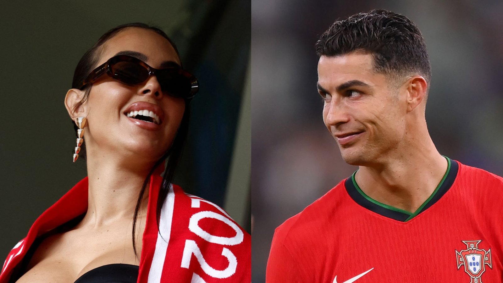 Georgina Rodríguez glimlacht, draagt een zonnebril en een rode sjaal, naast Cristiano Ronaldo in zijn Portugal-outfit, die hun connectie toont.