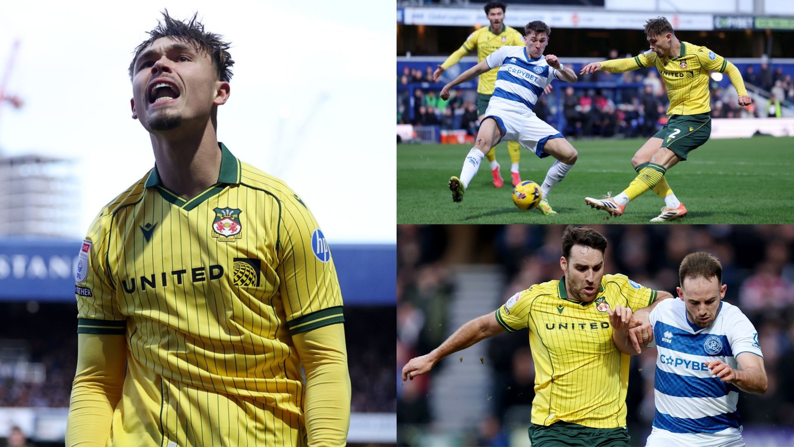 Wrexham-spelers in geel vieren een doelpunt, terwijl actie plaatsvindt met spelers in blauw en wit tijdens een competitieve wedstrijd.