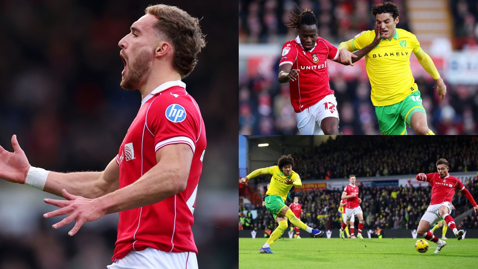 Les joueurs de Wrexham en rouge affrontent Norwich en maillot jaune lors d'un match intense, mettant en avant l'action, l'excitation et les expressions des joueurs.