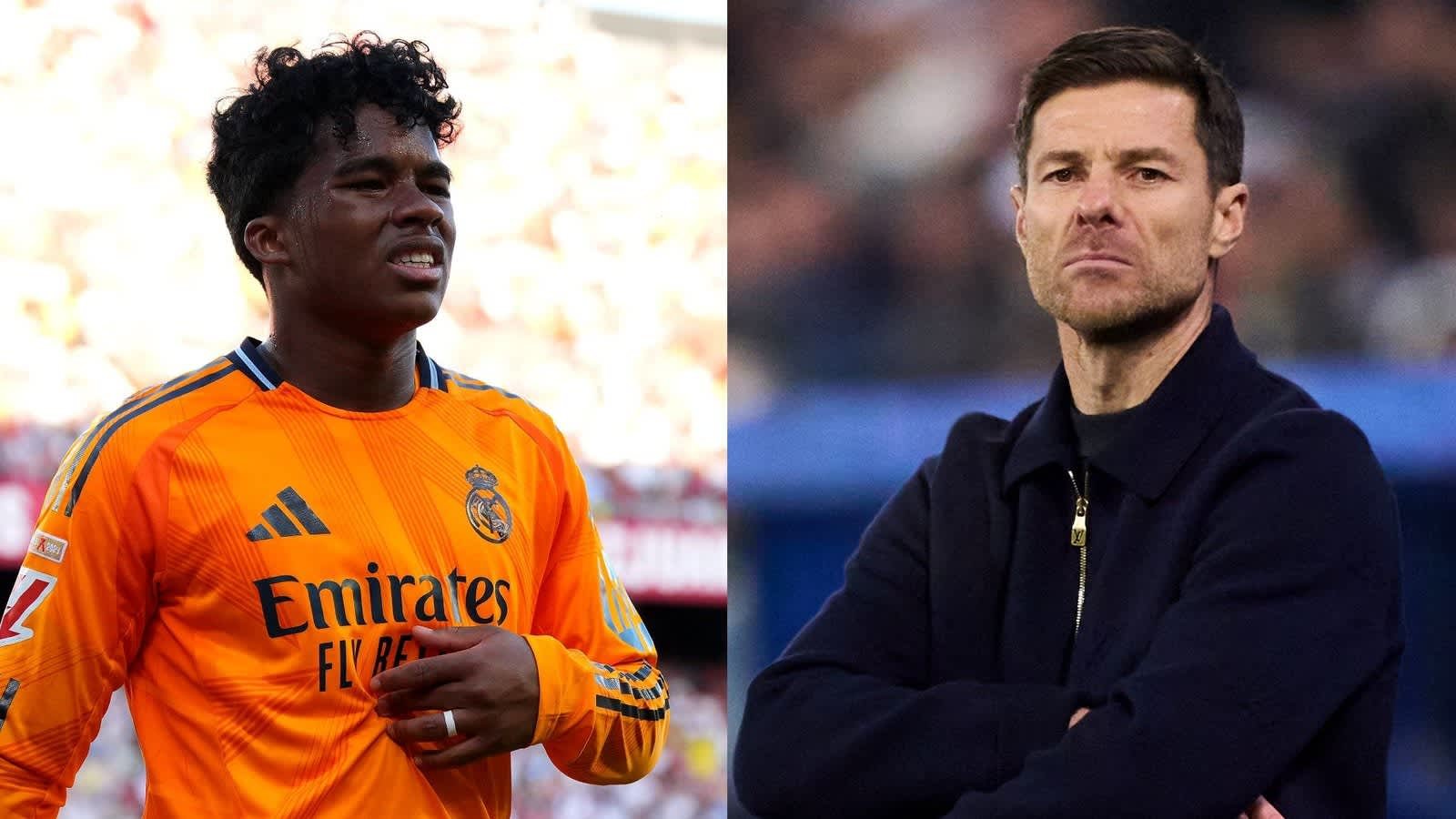 يظهر إندريك وهو يرتدي زي ريال مدريد البرتقالي الزاهي مشاعرًا على أرض الملعب، بينما يبدو تشابي ألونسو - مرتديًا سترة داكنة - مركزًا ومتأملًا.