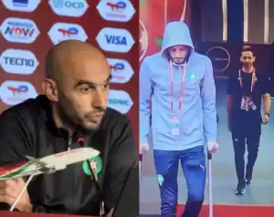 Morocco's coach speaking at a press conference, alongside a player in a blue tracksuit using crutches, arriving at the venue.