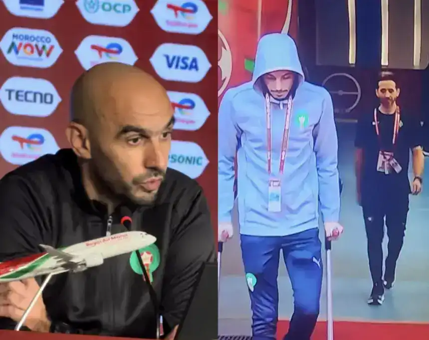 Morocco's coach speaking at a press conference, alongside a player in a blue tracksuit using crutches, arriving at the venue.