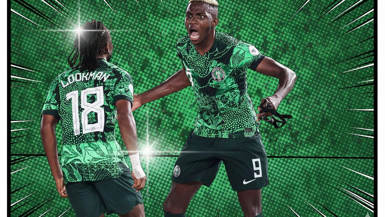 Le Nigérian Victor Osimhen, portant le maillot numéro 9, célèbre avec passion, tandis qu'Ademola Lookman, numéro 18, pose dans son équipement vert vif.