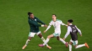 Trois joueurs algériens célèbrent joyeusement sur le terrain, vêtus de tenues vert et blanc, devant un fond de terrain d'un vert éclatant.