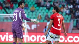 Egyptian players Mohamed El Shenawy and Mohamed Hany discuss during a match, with spectators in the background and a vibrant stadium setting.